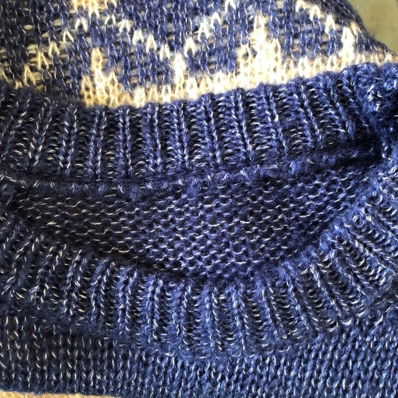 Mohair Knit Sweater XL Blue Beige Diamond Pattern Pullover Cozy Warm - Picture 13 of 14